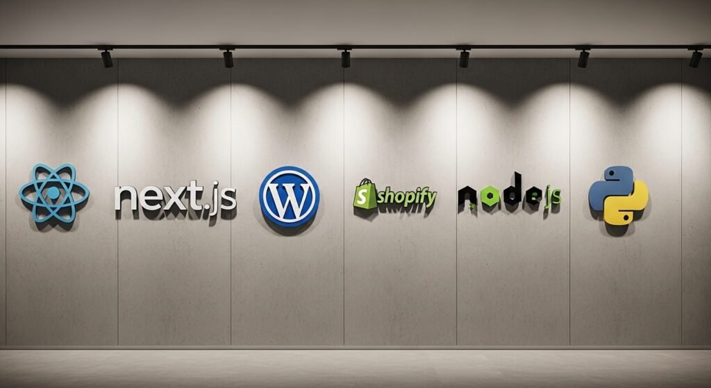 Logo Wall Showing React Next.js WordPress Shopify Node.js And Python Logos 1024x559